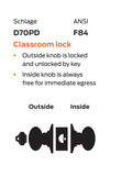 Schlage D70LD PLY Classroom Cylindrical Lock, Plymouth Knob, Less Conventional Cylinder