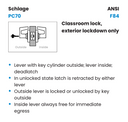 Schlage PC70 LAT Grade 1 Classroom Exterior Lockdown Cylindrical Lock, Latitude Style