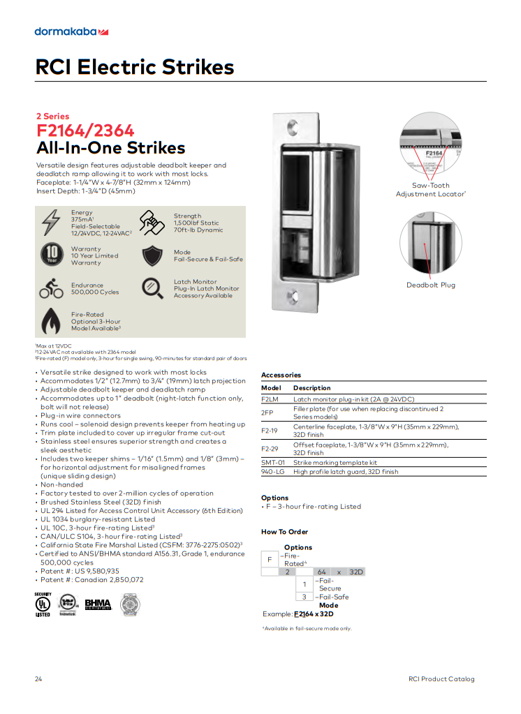 RCI F2164 32D Fire Rated Electric Strike w/ 4-7/8
