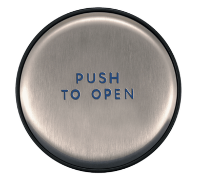 BEA 10EMR6 6" Round Panther Push Plate w/ Blue "Push to Open" Text
