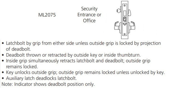 Corbin Russwin ML2075 PSA 626 LC Security Entrance or Office Mortise Lock, Conventional Less Cylinder, Satin Chrome Finish