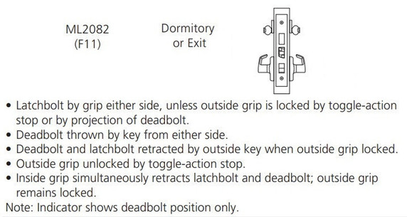 Corbin Russwin ML2082 PSA 626 LC Dormitory or Exit Mortise Lock, Conventional Less Cylinder, Satin Chrome Finish