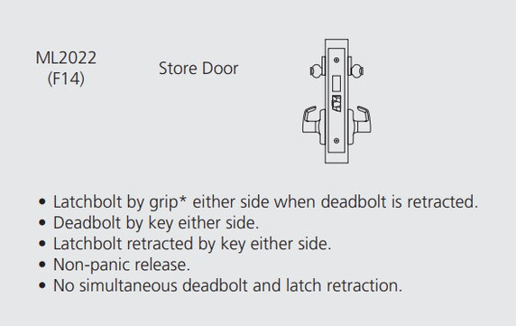 Corbin Russwin ML2022 CSA 626 LC Store Door Mortise Lock, Conventional Less Cylinder, Satin Chrome Finish