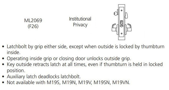 Corbin Russwin ML2069 CSA 626 LC Institutional Privacy Mortise Lock, Conventional Less Cylinder, Satin Chrome Finish