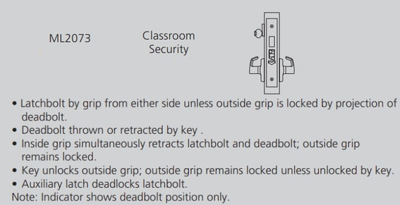 Corbin Russwin ML2073 CSA 626 CL6 Classroom Security Mortise Lock, Accepts Large Format IC Core (LFIC), Satin Chrome Finish