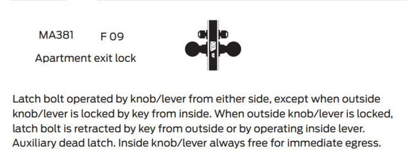 Falcon MA381L DN Apartment Exit Mortise Lock, Less conventional cylinder