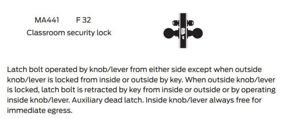 Falcon MA441L DN Classroom Security Mortise Lock, Less conventional cylinder