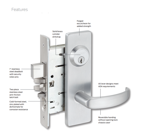 Falcon MA541CP6 DN Entry or Office Mortise Lock, w/ Schlage C Keyway