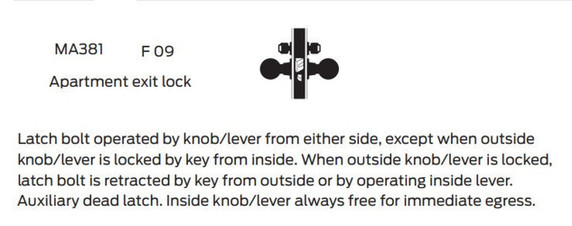 Falcon MA381P AN 626 Apartment Exit Mortise Lock, Satin Chrome Finish