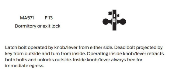 Falcon MA571B AN Dormitory or Exit Mortise Lock, Accepts Small Format IC Core