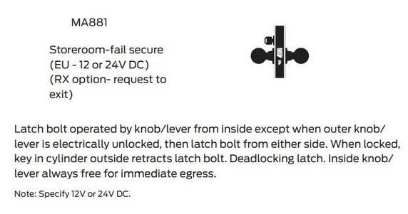 Falcon MA881CP6 AG Storeroom-Fail Secure Mortise Lock, w/ Schlage C Keyway