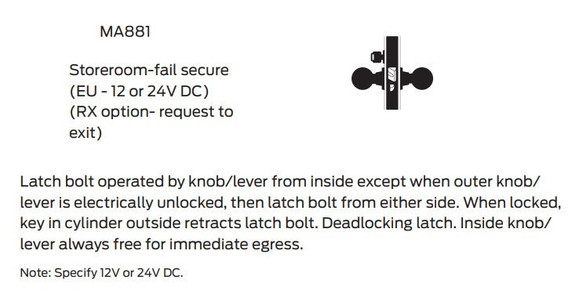 Falcon MA881L AG Storeroom-Fail Secure Mortise Lock, Less conventional cylinder