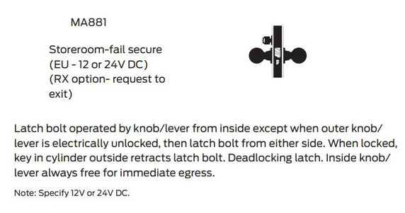 Falcon MA881CP6 AN Storeroom-Fail Secure Mortise Lock, w/ Schlage C Keyway