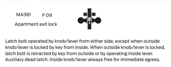 Falcon MA381L QN 626 Apartment Exit Mortise Lock, Less conventional cylinder, Satin Chrome Finish