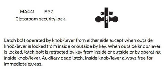Falcon MA441L QN 626 Classroom Security Mortise Lock, Less conventional cylinder, Satin Chrome Finish