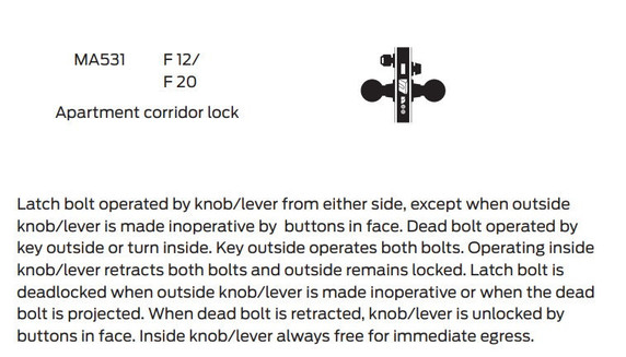 Falcon MA531B QG Apartment Corridor Mortise Lock, Accepts Small Format IC Core