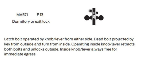 Falcon MA571CP6 QG Dormitory or Exit Mortise Lock, w/ Schlage C Keyway