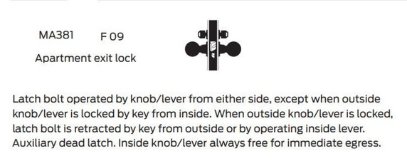 Falcon MA381L SG Apartment Exit Mortise Lock, Less conventional cylinder