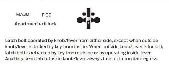 Falcon MA381L SN 626 Apartment Exit Mortise Lock, Less conventional cylinder, Satin Chrome Finish