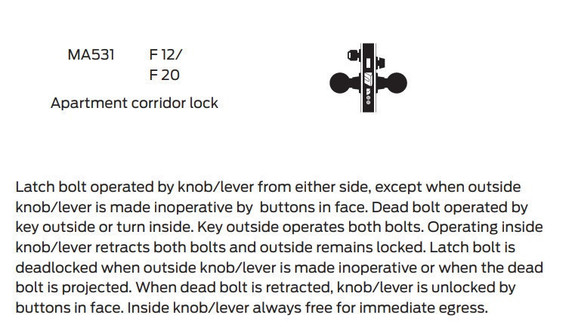 Falcon MA531CP6 SG Apartment Corridor Mortise Lock, w/ Schlage C Keyway