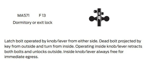 Falcon MA571L SG Dormitory or Exit Mortise Lock, Less conventional cylinder