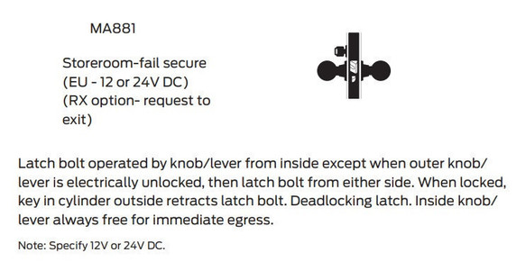 Falcon MA881CP6 SG Storeroom-Fail Secure Mortise Lock, w/ Schlage C Keyway