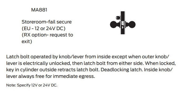 Falcon MA881CP6 SN Storeroom-Fail Secure Mortise Lock, w/ Schlage C Keyway