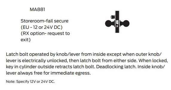 Falcon MA881L SN Storeroom-Fail Secure Mortise Lock, Less conventional cylinder