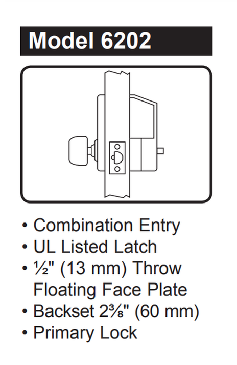 Kaba Simplex 6202 Pushbutton Lock, 2-3/8" Backset