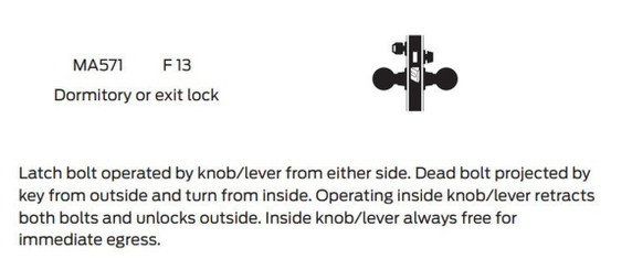 Falcon MA571CP6 SN Dormitory or Exit Mortise Lock, w/ Schlage C Keyway