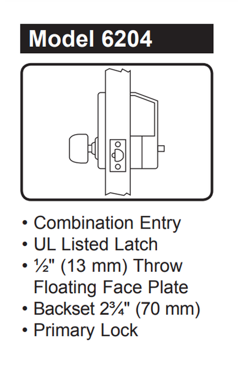 Kaba Simplex 6204 Pushbutton Lock, 2-3/4" Backset