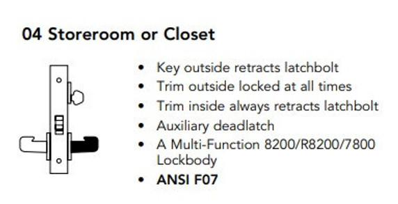 Sargent 70-8204 LNB Storeroom or Closet Mortise Lock, Accepts Small Format IC Core (SFIC)