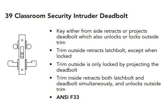 Sargent 60-8239 LNB 26D Classroom Security Intruder Deadbolt Mortise Lock, Accepts Large Format IC Core (LFIC), Satin Chrome Finish