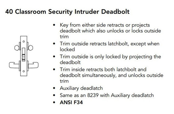 Sargent 60-8240 LNB 26D Classroom Security Intruder Deadbolt Mortise Lock, Accepts Large Format IC Core (LFIC), Satin Chrome Finish