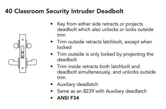 Sargent LC-8240 LNB 26D Classroom Security Intruder Deadbolt Mortise Lock, Conventional Less Cylinder, Satin Chrome Finish