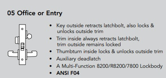Sargent 70-8205 LNJ Office or Entry Mortise Lock, Accepts Small Format IC Core (SFIC)