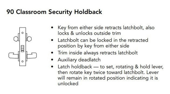 Sargent LC-8290 LNJ 26D Classroom Security Holdback Mortise Lock, Conventional Less Cylinder, Satin Chrome Finish