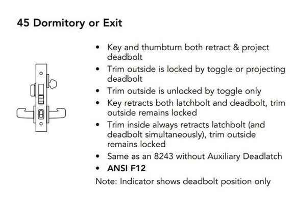Sargent 8245 LNL 26D Dormitory or Exit Mortise Lock, Satin Chrome Finish