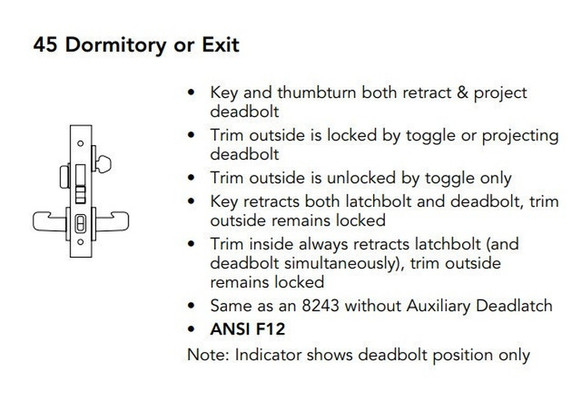 Sargent 70-8245 LNL 26D Dormitory or Exit Mortise Lock, Accepts Small Format IC Core (SFIC), Satin Chrome Finish