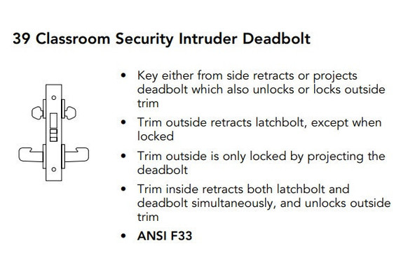 Sargent 60-8239 LNL 26D Classroom Security Intruder Deadbolt Mortise Lock, Accepts Large Format IC Core (LFIC), Satin Chrome Finish