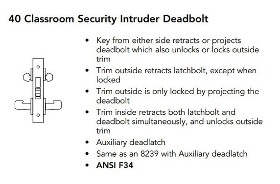 Sargent 60-8240 LNL 26D Classroom Security Intruder Deadbolt Mortise Lock, Accepts Large Format IC Core (LFIC), Satin Chrome Finish