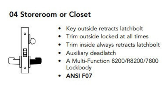 Sargent 70-8204 LNP Storeroom or Closet Mortise Lock, Accepts Small Format IC Core (SFIC)