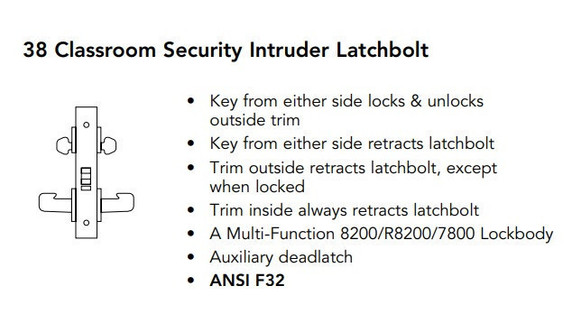 Sargent 60-8238 LNP Classroom Security Intruder Mortise Lock, Accepts Large Format IC Core (LFIC)