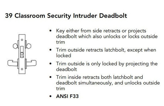Sargent LC-8239 LNP 26D Classroom Security Intruder Deadbolt Mortise Lock, Conventional Less Cylinder, Satin Chrome Finish