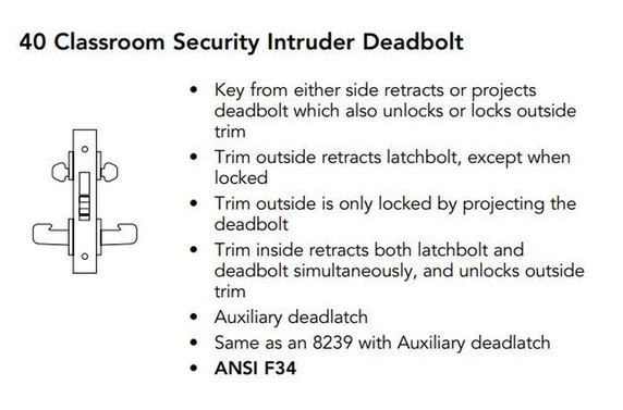Sargent 70-8240 LNP 26D Classroom Security Intruder Deadbolt Mortise Lock, Accepts Small Format IC Core (SFIC), Satin Chrome Finish