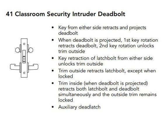 Sargent 60-8241 LNP Classroom Security Intruder Deadbolt Mortise Lock, Accepts Large Format IC Core (LFIC)
