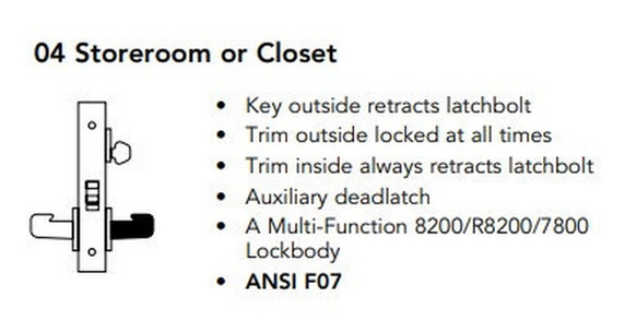 Sargent 8204 LW1J 26D Storeroom or Closet Mortise Lock, Satin Chrome Finish