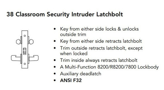 Sargent 8238 LW1J 26D Classroom Security Intruder Mortise Lock, Satin Chrome Finish