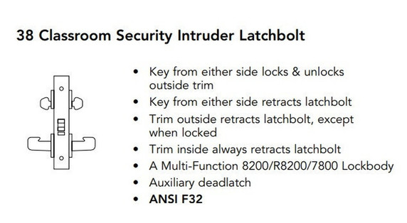 Sargent 60-8238 LW1J 26D Classroom Security Intruder Mortise Lock, Accepts Large Format IC Core (LFIC), Satin Chrome Finish