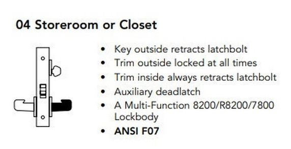 Sargent 8204 LW1P 26D Storeroom or Closet Mortise Lock, Satin Chrome Finish